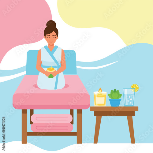 A woman in spa attire on a massage table, spa theme illustration
