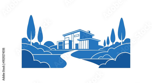 Modern House Illustration with Trees and Landscape.