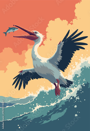Pelican catching fish, pouch expanding dramatically pelicans eyes are fierce focused Thick manga action lines Blocky, Constructivist waves background No text