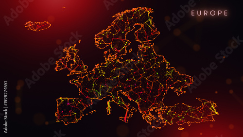 A creative cartography design featuring the Europe Continent border in a colorful plexus style. Glowing red and orange dots and lines represent digital technology and business communication.