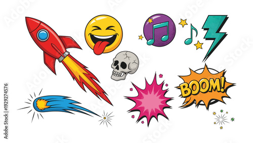 Comic Book Elements Collection: A vibrant and energetic collection of comic book graphic elements including a rocket, laughing emoji, musical note, lightning bolt, skull, exploding starburst.