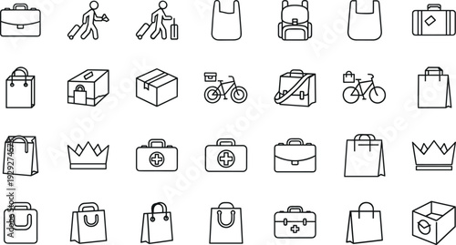 Travel, shopping, luggage, backpack, briefcase, bicycle, utility, healthcare, crown, box, bag, tourism, retail, transport, lifestyle icons collection