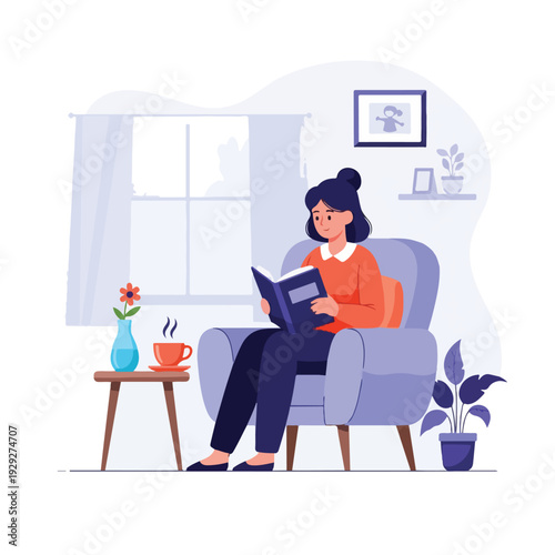A woman reading a book in a cozy living room setting