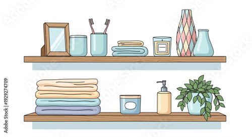 Illustration of bathroom shelves with towels, toiletries, and decorative items on wooden shelves in a serene environment