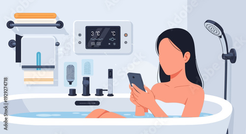 Woman relaxing in a bathtub with phone surrounded by bathroom accessories from a top-down view