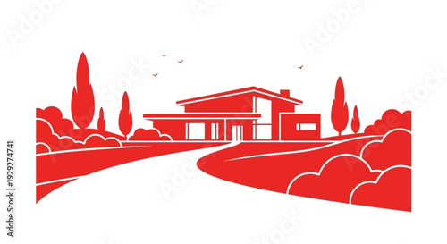 Modern House Illustration with Trees and Landscape.