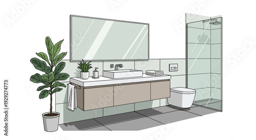 Modern bathroom interior with plant, double sink vanity, and glass shower enclosure viewed from the front