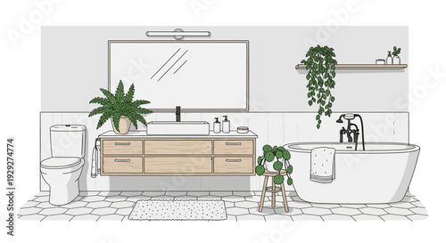 Modern bathroom interior with plants, wooden cabinet, and freestanding bathtub, viewed from the front