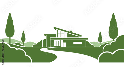Modern House Illustration with Trees and Landscape.