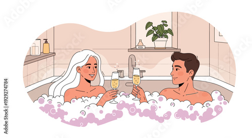 Couple relaxing in a bubble bath together, enjoying drinks and each other's company in a serene bathroom setting, viewed from above.