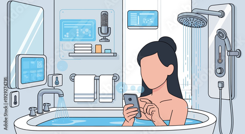 Woman relaxing in a bathtub with a smartphone in a modern bathroom scene from an overhead viewpoint