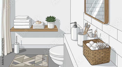 Modern bathroom scene with toilet, towels, and toiletries viewed from the side