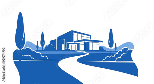 Modern House Illustration with Trees and Pathway.