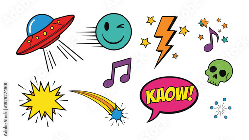 Retro Pop Art Elements: A collection of vibrant retro-style pop art elements, including a flying saucer, a winking smiley face, musical notes, a lightning bolt, a comic book-style KAOW! speech bubble.