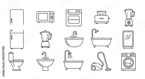 Collection of household appliance and bathroom fixture illustrations showcasing various domestic items