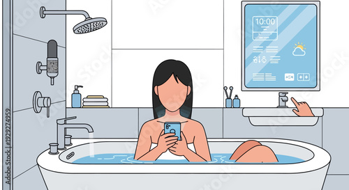 Woman relaxing in a bathtub with a mobile phone in a bathroom with modern fixtures
