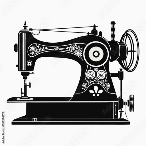 Vintage sewing machine silhouette black and white antique decor craft sewing needlework fashion design element