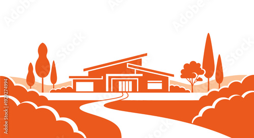 Modern House Illustration with Trees and Pathway.
