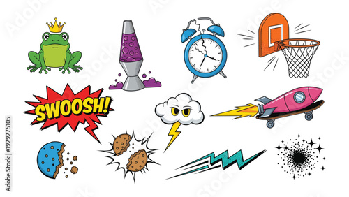 Whimsical Assortment: A collection of quirky illustrations, featuring a crown-wearing frog, a lava lamp, a classic alarm clock, and a basketball hoop.