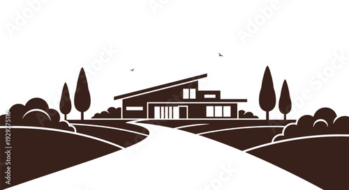Modern House Illustration with Trees and Pathway.