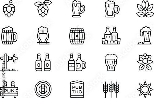 Black and white line of beer related hops mugs barrels beer, hops, mugs, barrels, bottles, tap, wheat, pub, brewery, ale, lager, line black and white, symbols, signs, brewery equipment, beer glasses, 