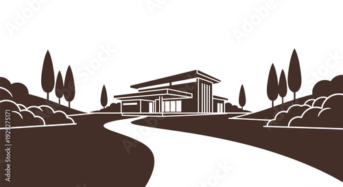Modern House Illustration with Trees and Pathway.