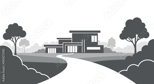 Modern House Illustration with Trees and Pathway.