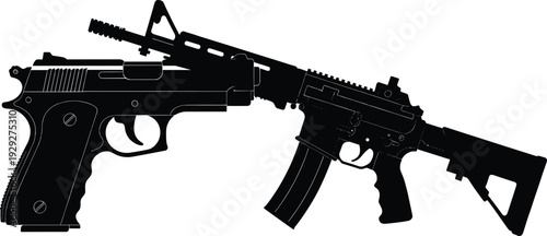 Military Assault Rifle And Semi Automatic Handgun Pistol Silhouette Vector Icon Set For Tactical Defense Security Law Enforcement Shooting Sports And Firearm Safety Designs