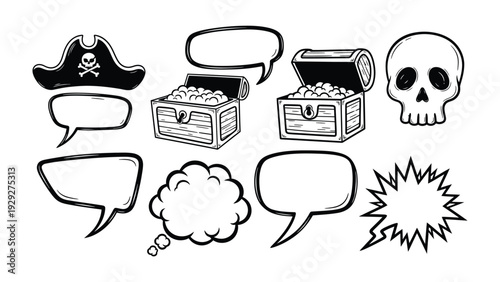 Pirate Adventure Set: Treasure chest, skull, hat and conversation balloon, hand-drawn in vintage style on white background for an adventurous design.