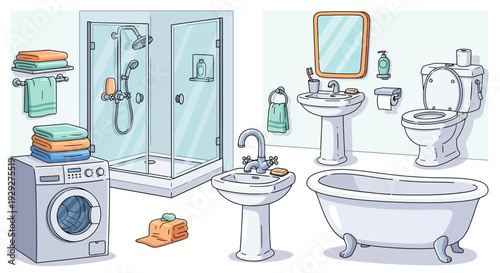 Illustration of a bathroom scene with bathtub, sink, toilet, shower, and washing machine in a domestic setting