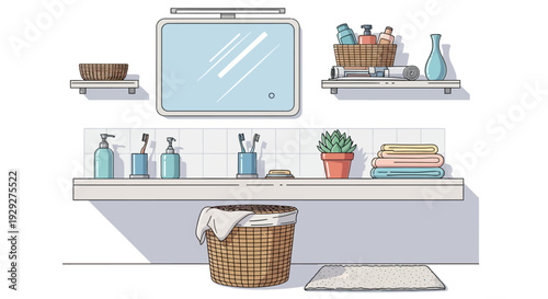 Bathroom Scene with Toiletries and Towels on Counter, Baskets, and Mirror on Wall