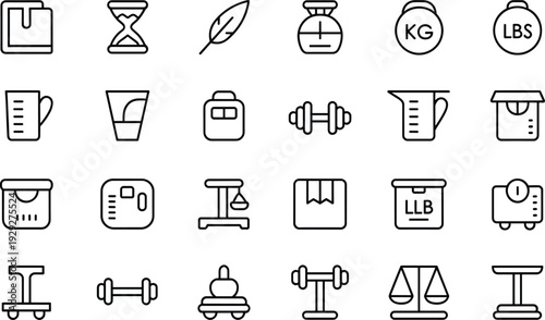 Black and white line of various including scales weights and fitness equipment fitness, measurement, weight, scales, dumbbell, hourglass, leaf, mixing bowl, pouring jug, weights, kitchen, baking, gym,