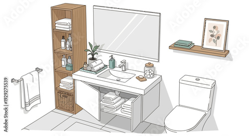 Modern Bathroom Illustration Featuring Toilet, Sink, Mirror, Cabinet, and Towel Rack in a Clean Environment