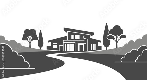 Modern House Illustration with Trees and Pathway.