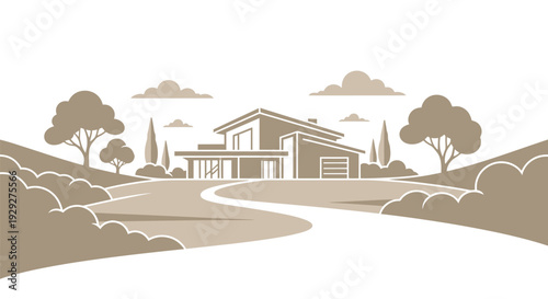 Modern House Illustration with Trees and Pathway.