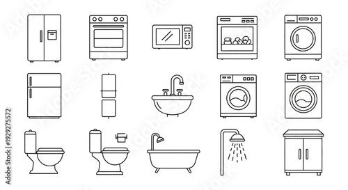 Illustration of various bathroom and kitchen appliances in a line art style