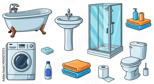 Illustration of bathroom fixtures including bathtub, sink, shower, toilet, and washing machine in a modern setting
