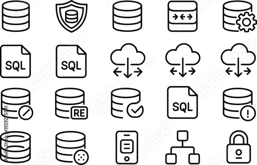 Database management cloud server storage database, sql, cloud, server, storage, shield, security, gear, settings, file, document, sync, transfer, error, warning, lock, padlock, flowchart, chart, diagr