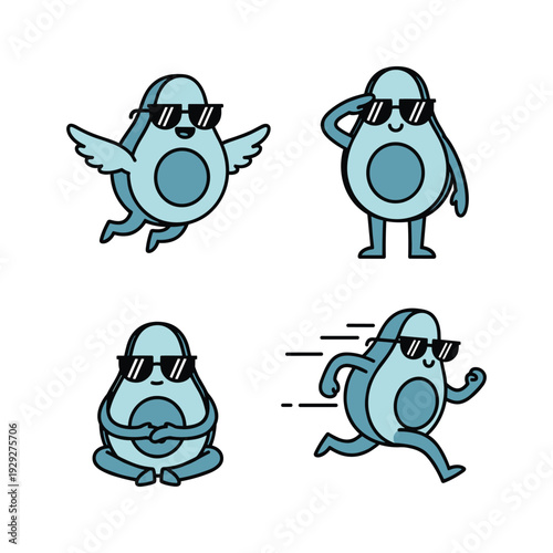 Cartoon blue birds wearing sunglasses in various poses with cool attitude
