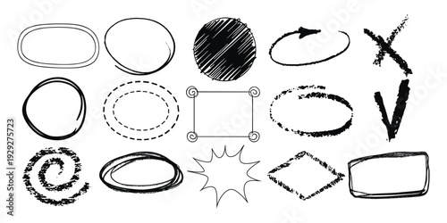 Hand drawn text box picture frames set, rough grunge textured straight line. Doodle style outline text boxes with grunge texture. Vector illustration. Chalk Scribble Rectangle Highlight Collection.