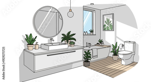Modern Bathroom Interior with Plants and Toilet, Featuring a Large Mirror and Wooden Flooring, from a High Angle View Whisk_d3b897bb865476e87c44f074db34b146dr.eps