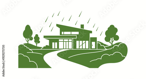 Modern House Illustration with Trees and Rain.