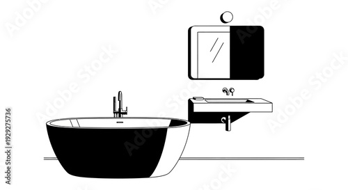 Modern Bathroom Illustration Featuring Sink, Mirror, Bathtub, Faucet, and Cabinet