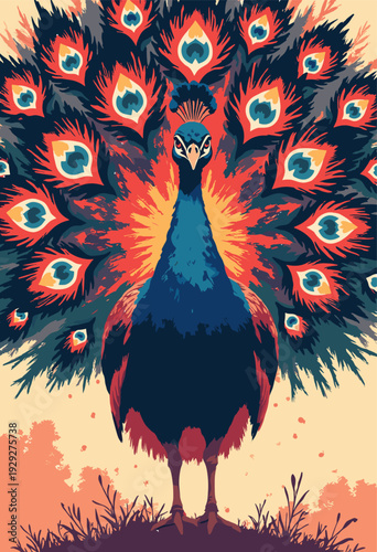 Peacock fully displaying its feathers, but eyes feathers are drawn as intense, staring manga eyes surreal, dominating composition Socialist Realism color palette Blank space