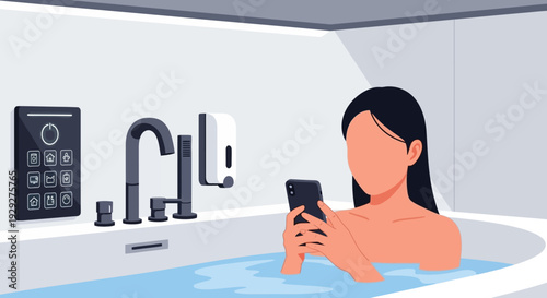 Woman relaxing in a bathtub with a smartphone, enjoying a serene bathroom ambiance from a high viewpoint