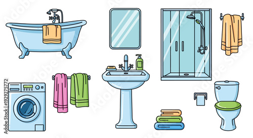 Graphic illustration of bathroom fixtures including bathtub, sink, toilet, and shower, surrounded by towels and washing machine in a clean environment.