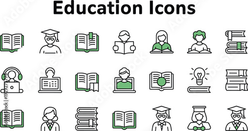 Education with green and black line on white background education, line green, black, white, books, students, teachers, graduation, learning, school, university, online learning, reading, bookshelf, h