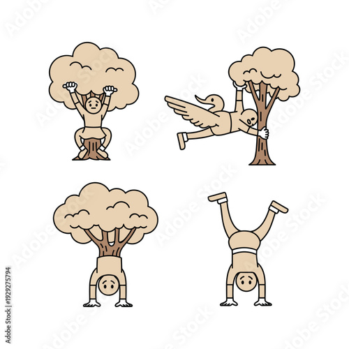 Cartoon characters doing handstands under trees with copy space