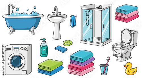 Bathroom essentials and laundry items arranged neatly with towels, toiletries, and cleaning supplies in a clean and organized bathroom setting.