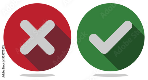 Red cross mark and Green check mark icon with shadow vector colour. Cross and check button, Vector illustration. 